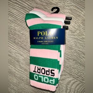 Polo Sport Ralph Lauren Girls Socks AKA pink green white 3 pairs Shoe Size 13-3